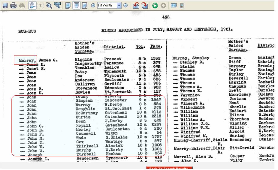 SAMPLE IMAGE OF THE BIRTH INDEX - JOHN MURRAY 1921